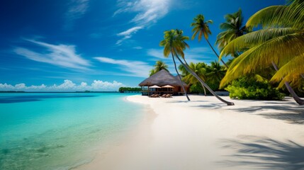 Beautiful background with tropical beach, palm trees and villas