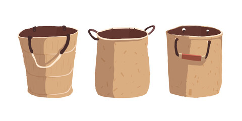 Wicker basket for harvesting. A bag for storing bulk materials. Vector illustration in a flat style.