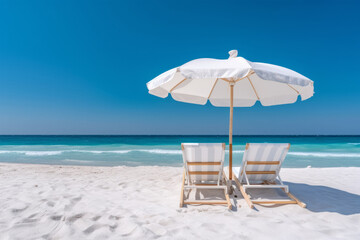Two beach chairs and an umbrella on a sandy beach