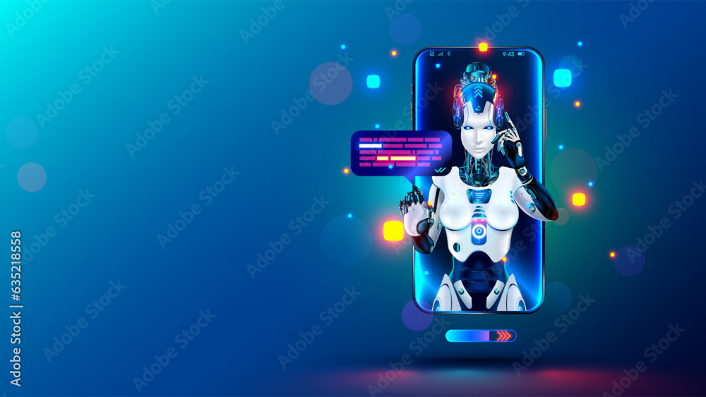 Poster AI chat bot talking with customers at mobile phone. Internet Chatbot in image robot woman on screen phone click on speech bubble. Artificial intelligence female cyborg support user of internet service