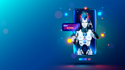 AI chat bot talking with customers at mobile phone. Internet Chatbot in image robot woman on screen phone click on speech bubble. Artificial intelligence female cyborg support user of internet service