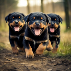 Three energetic Rottweiler dogs sprinting through the enchanting woodland