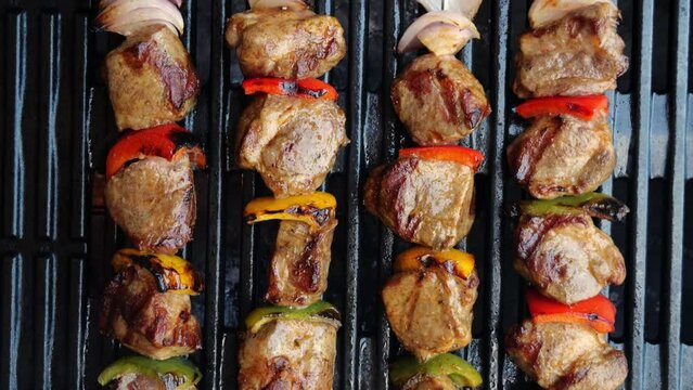 Grilled cooked pork meat on skewer with vegetables. Grilling food. Outdoor. Picnic