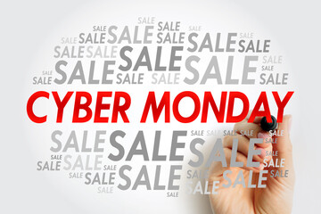 Cyber Monday - marketing term for e-commerce transactions on the Monday after Thanksgiving in the United States, word cloud concept background