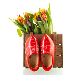 Colorful tulips and wooden shoes