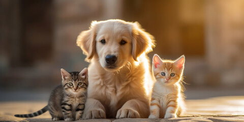 a kitten on a baby golden retriever.generative ai
