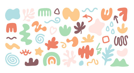 Colorful organic shape doodle collection. Funny basic shapes, random childish doodle cutouts. Colorful hand painted various abstract shapes. Vector illustration in flat style