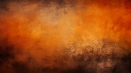 abstract orange vintage grungy background or dark paper with bright center spotlight and subtle vignette border frame. AI generative.