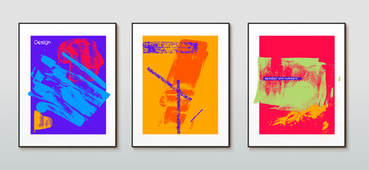 Set of three Modern art posters vector. Abstract creative minimalist hand drawn vector illustration. Template for wall decor, print, poster, card, mural, carpet, hanging. Trendy brush stroke colored.