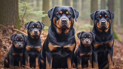 A group of black and brown Rottweiler dogs and puppies sitting together - obrazy, fototapety, plakaty