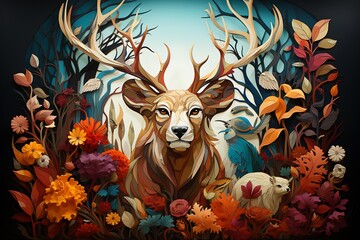 Elk in Colorful Flowers: Surreal Portrait with Natural Details