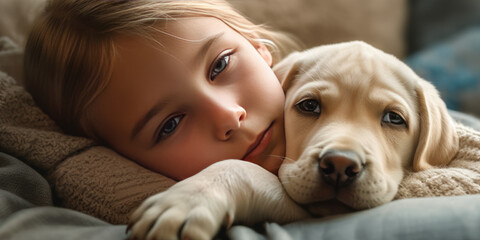 Yellow Labrador Retriever puppy cuddled up with a little girl, demonstrating its...