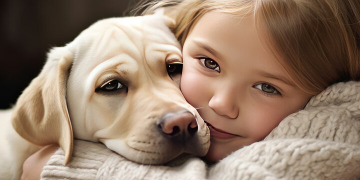 Yellow Labrador Retriever puppy cuddled up with a little girl, demonstrating its affectionate.generative ai