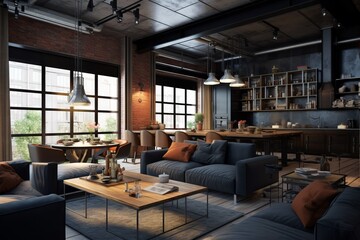 modern industrial apartment, interior design, 3d rendering