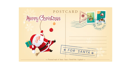 Template of an old Christmas envelope with a picture of Santa Claus going down the chimney. Retro style Christmas postcard with rubber seal, stamp. Vector illustration in cartoon, retro style © Hanna