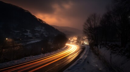 dusk traffic on a winter mountain road, slow shutter, photographic