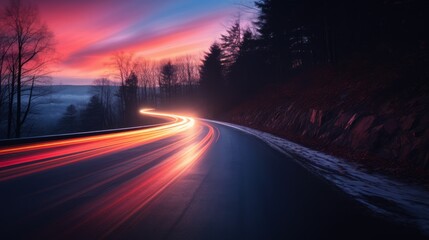 sunset on a winter mountain road, slow shutter, photographic