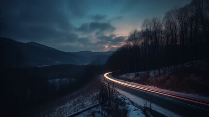 slow shutter mountain road, colorful, dusk sky