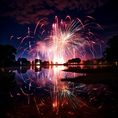 fireworks in the night, over water, colorful