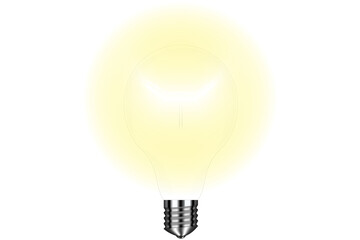 Glass light bulb on a transparent background with a bright yellow glow. Bright light. Light bulb on transparent background. Png illustration.