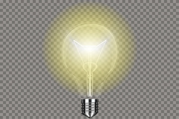 Glass light bulb on a transparent background with a bright yellow glow. Bright light. Light bulb on transparent background. Vector illustration.
