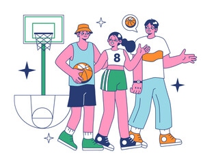 Streetball game. Team players play basketball outside. Teen or young