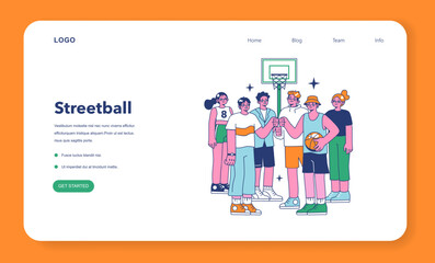 Obraz na płótnie Canvas Streetball game web banner or landing page. Team players play basketball