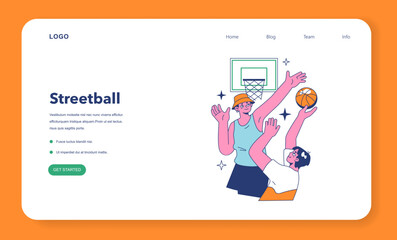 Streetball game web banner or landing page. Team players play basketball