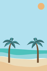 Summer beach background with sky, sand, sun, palms. Vector illustration.