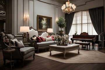 classic living room interior design, luxury, decadence