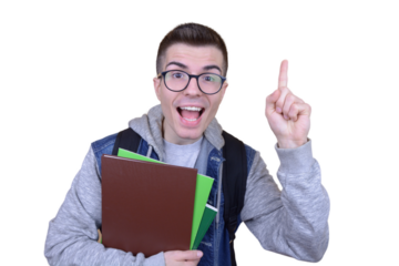 Smiling student in glasses holds books and notebooks, pointing upward with a finger in a moment of brilliant idea, against a transparent background. Perfect for illustrating creative inspiration on va