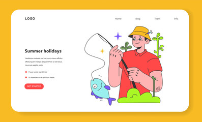 Summer time activity web banner or landing page. Man with a spinning