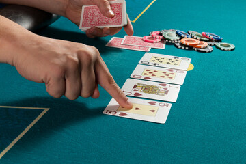 The layout of the cards on the poker table.