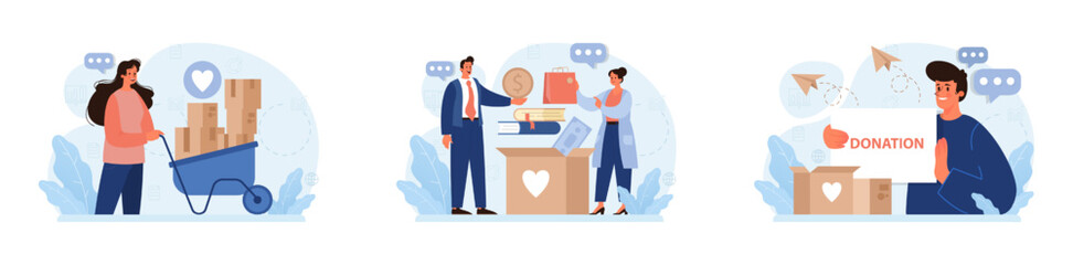 Charity set. Volunteers community take care of people in need. Idea of care