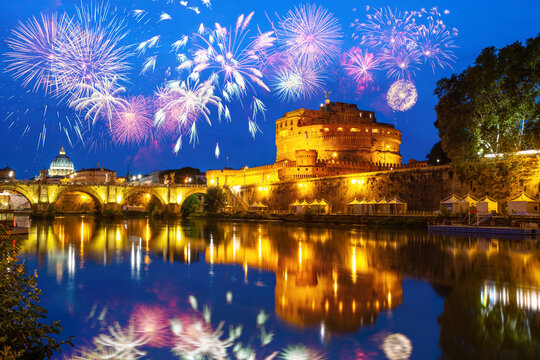 Fireworks near Castel Sant Angelo in Rome, Italy