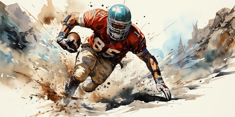 AI Generated. AI Generative. American football player athlete champion game sport draw paint watercolor art. Sport game motivation inspiration poster - obrazy, fototapety, plakaty