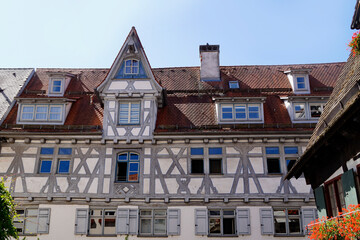 Beautiful traditional German historic white half-timbered houses (also timber-framed houses) in Ulm City, Germany	