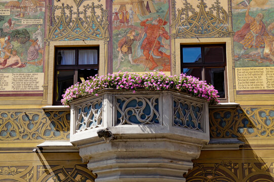gorgeous historic colorful mural paintings on the ancient building of the city hall in the Ulm city, Germany 