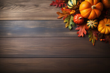 Fall Thanksgiving Background with Wood Surface, Pumpkins, and Fall Leaves on the Right Side: Empty Space for Text Generative AI
