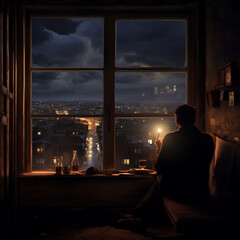 City at night through an apartment window