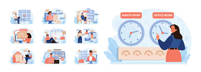 Hybrid work set. Characters with a flexible schedule, working from office