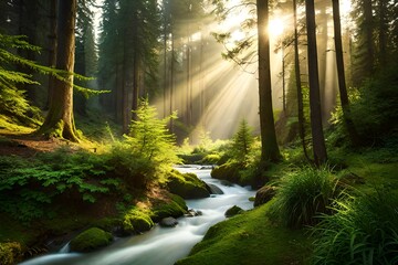 Fototapeta premium a sunlit forest glade with a gently flowing stream