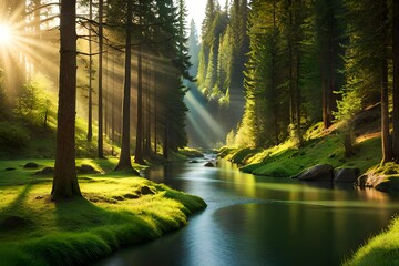 a sunlit forest glade with a gently flowing stream