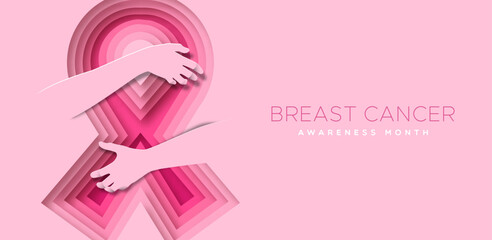 Hugging breast cancer awareness pink ribbon in 3d papercut design - 635223910