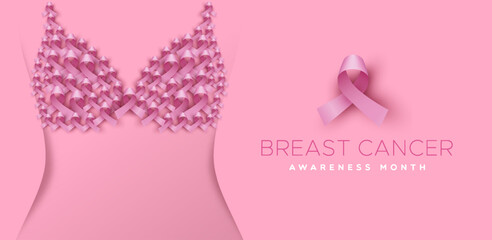 Breast Cancer awareness month banner pink ribbon bra underwear concept - obrazy, fototapety, plakaty