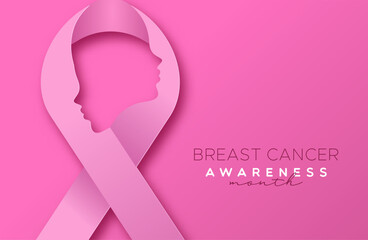 Obraz premium Breast cancer awareness pink ribbon and woman profile papercut card