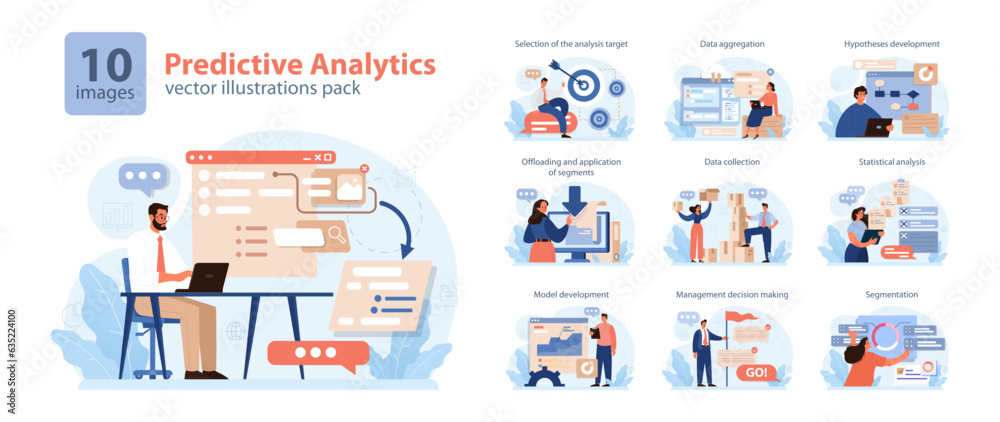 Poster predictive analytics set. process of using data to forecast future outcome.