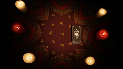Top view of a table with ethnic tablecloth and deck of tarot cards, many lighted candles standing...