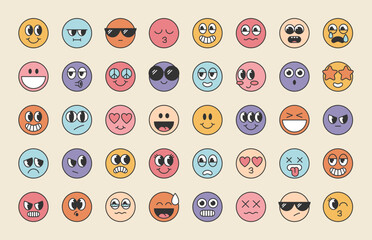 Retro emoji labels set. Sticker pack in trendy psychedelic cartoon style. Editable stroke elements.Isolated vector illustration.