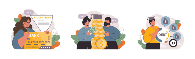 Student debt set. Young graduated character with a financial crisis. Expencive